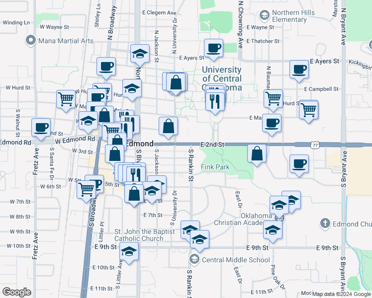 map of restaurants, bars, coffee shops, grocery stores, and more near 405 East 3rd Street in Edmond