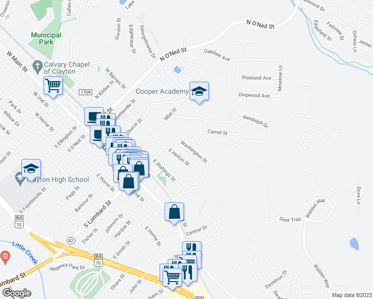 map of restaurants, bars, coffee shops, grocery stores, and more near 416 Cooper Street in Clayton