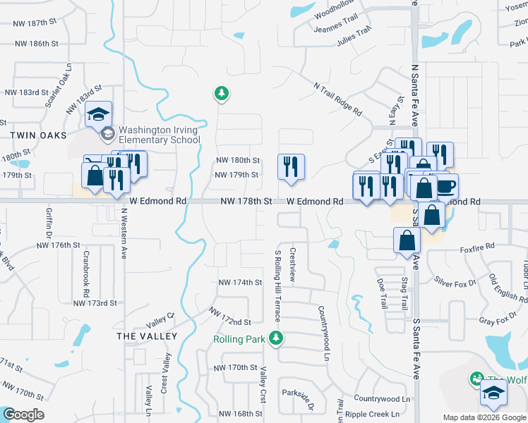 map of restaurants, bars, coffee shops, grocery stores, and more near 313 Pheasant Run in Edmond