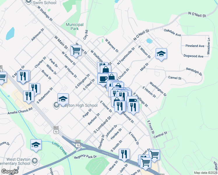 map of restaurants, bars, coffee shops, grocery stores, and more near 132 East Main Street in Clayton