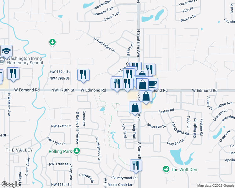 map of restaurants, bars, coffee shops, grocery stores, and more near 2524 West Edmond Road in Edmond