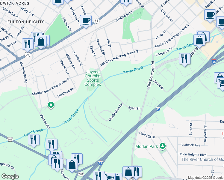 map of restaurants, bars, coffee shops, grocery stores, and more near 716 Ryan Street in Salisbury