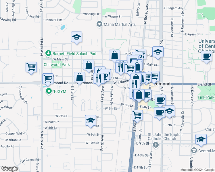 map of restaurants, bars, coffee shops, grocery stores, and more near 223 West 4th Street in Edmond