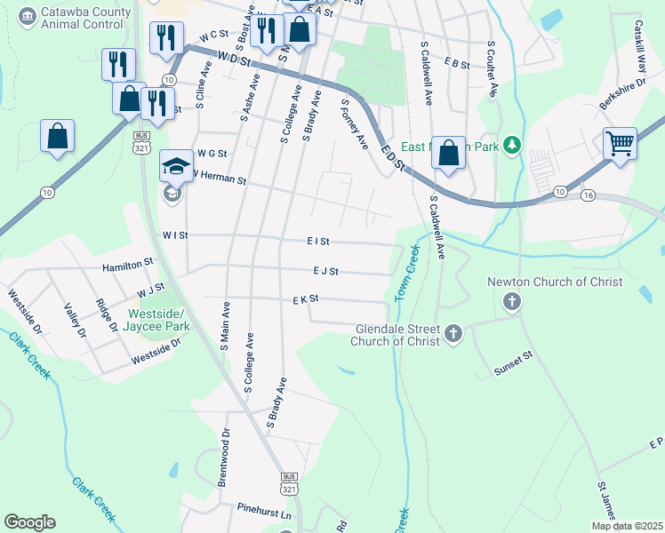 map of restaurants, bars, coffee shops, grocery stores, and more near 312 East J Street in Newton