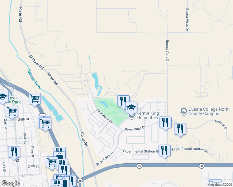 map of restaurants, bars, coffee shops, grocery stores, and more near 719 Manor Lane in Paso Robles
