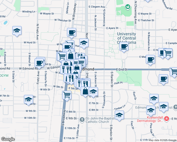 map of restaurants, bars, coffee shops, grocery stores, and more near 204 East 2nd Street in Edmond