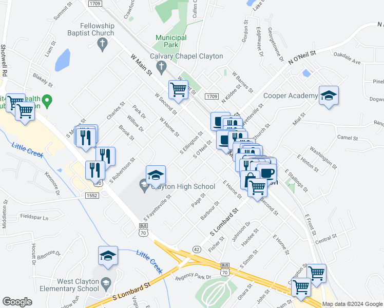 map of restaurants, bars, coffee shops, grocery stores, and more near 207 West Horne Street in Clayton