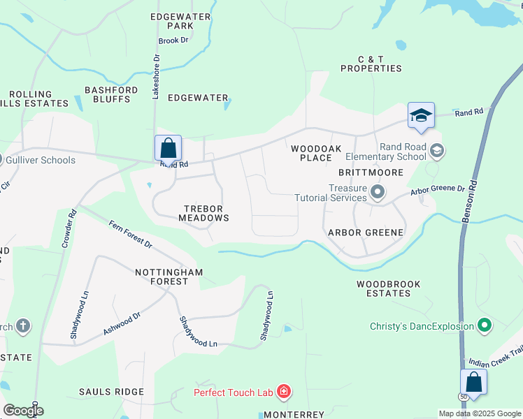 map of restaurants, bars, coffee shops, grocery stores, and more near 107 Blossom Creek Drive in Garner
