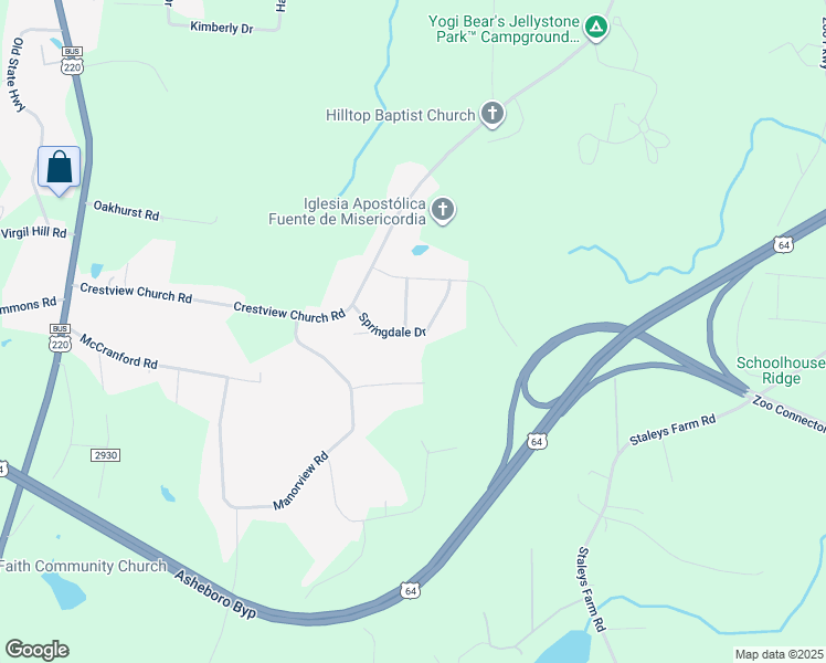 map of restaurants, bars, coffee shops, grocery stores, and more near 530 Springdale Drive in Asheboro
