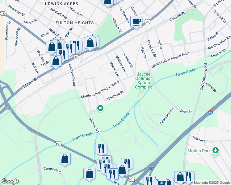 map of restaurants, bars, coffee shops, grocery stores, and more near 1429 Hillsboro Street in Salisbury