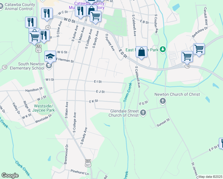 map of restaurants, bars, coffee shops, grocery stores, and more near 500 East J Street in Newton