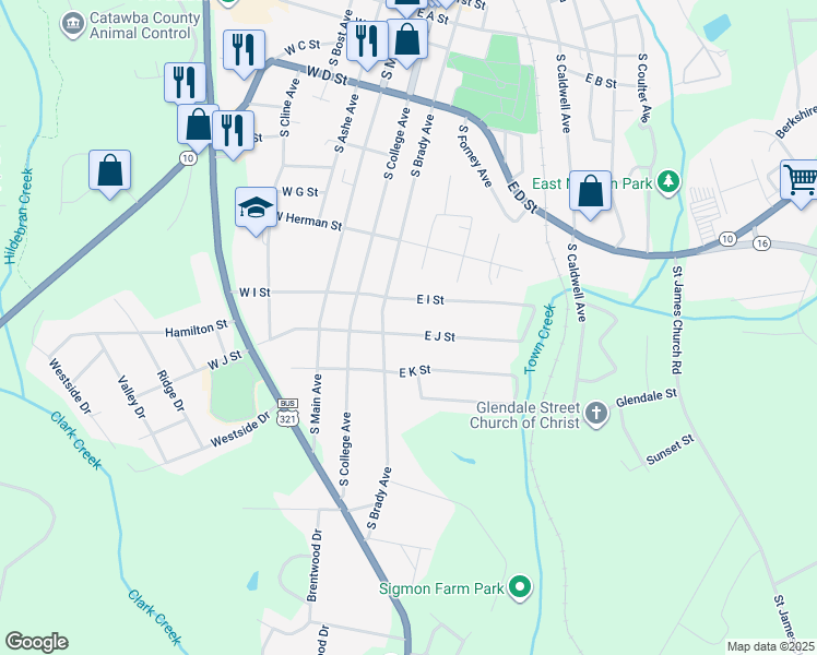 map of restaurants, bars, coffee shops, grocery stores, and more near 212 East J Street in Newton
