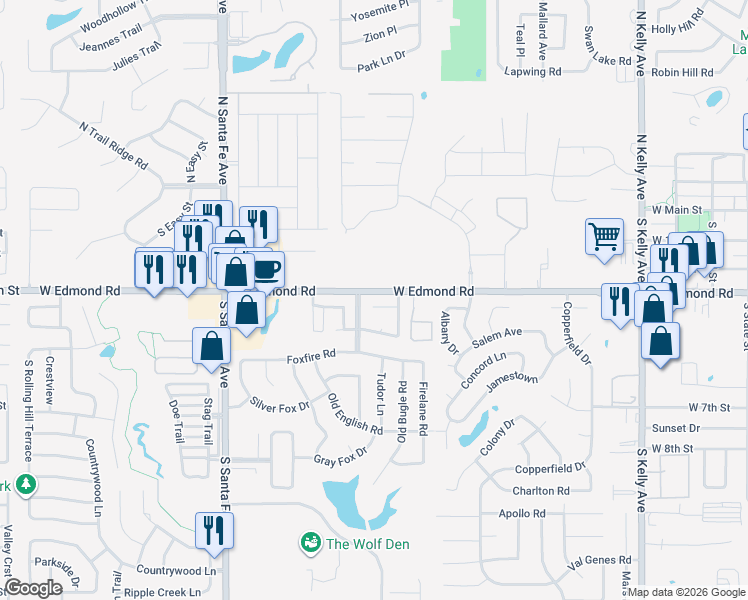 map of restaurants, bars, coffee shops, grocery stores, and more near 1800 Dodge Trail in Edmond