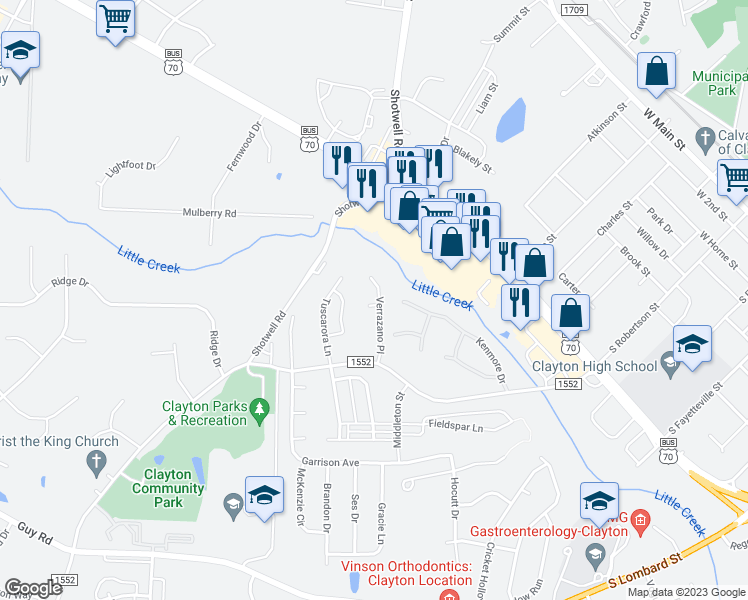 map of restaurants, bars, coffee shops, grocery stores, and more near 161 Verrazano Place in Clayton