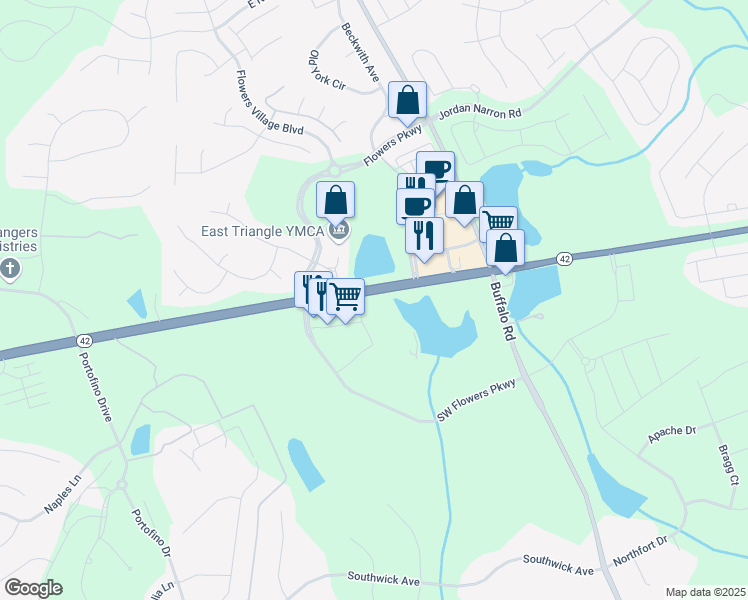 map of restaurants, bars, coffee shops, grocery stores, and more near 4348 North Carolina 42 in Clayton
