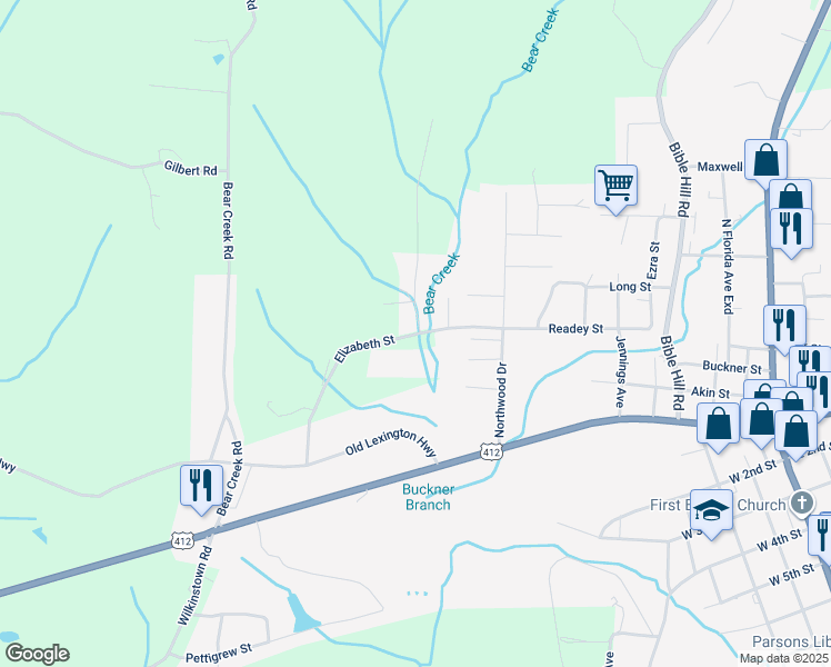 map of restaurants, bars, coffee shops, grocery stores, and more near 201 Elizabeth Street in Parsons