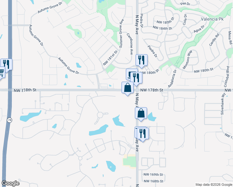map of restaurants, bars, coffee shops, grocery stores, and more near 17857 Prairie Sky Way in Edmond