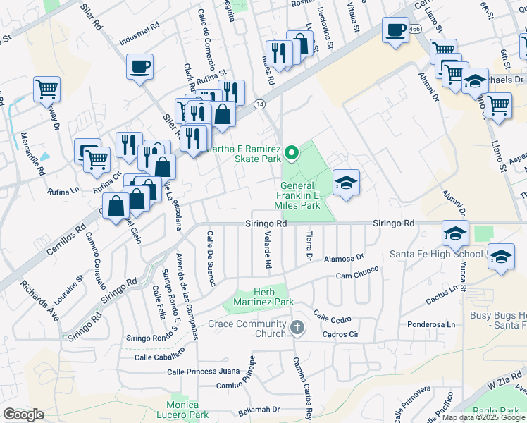 map of restaurants, bars, coffee shops, grocery stores, and more near 1027 Velarde Road in Santa Fe