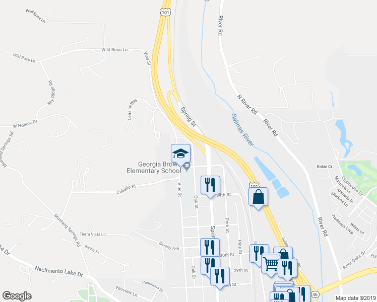 map of restaurants, bars, coffee shops, grocery stores, and more near 3600 Oak Street in Paso Robles