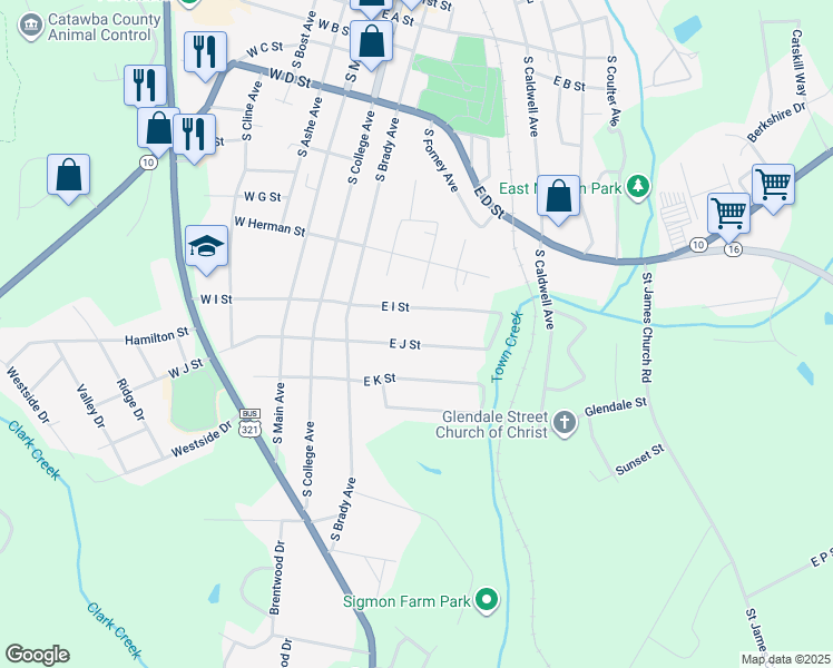 map of restaurants, bars, coffee shops, grocery stores, and more near 325 East J Street in Newton