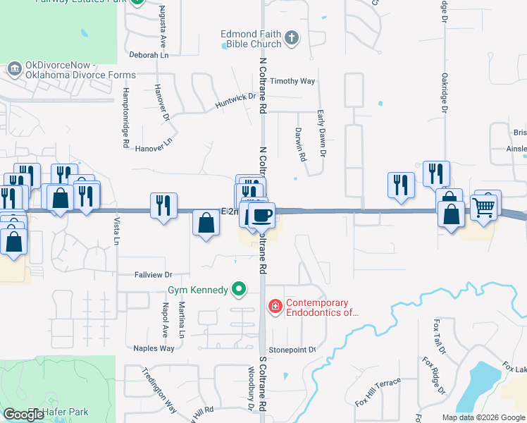 map of restaurants, bars, coffee shops, grocery stores, and more near E 2nd St & S Coltrane Rd in Edmond