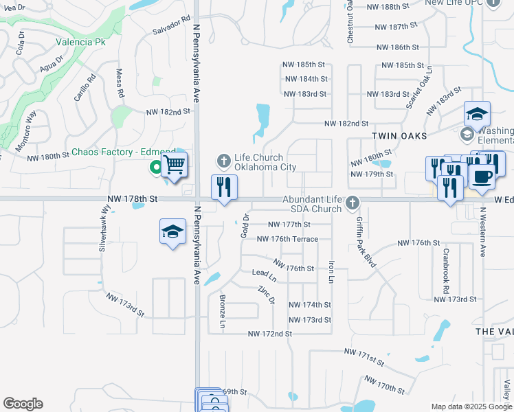 map of restaurants, bars, coffee shops, grocery stores, and more near 1917 Northwest 177th Terrace in Edmond