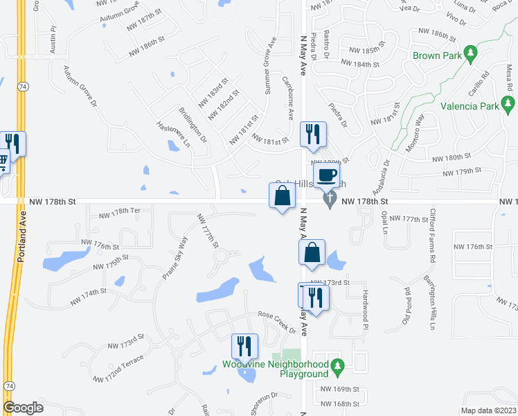 map of restaurants, bars, coffee shops, grocery stores, and more near 17857 Prairie Sky Way in Edmond