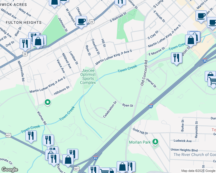 map of restaurants, bars, coffee shops, grocery stores, and more near 716 Ryan Street in Salisbury