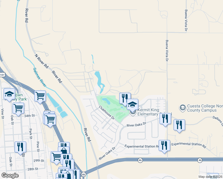 map of restaurants, bars, coffee shops, grocery stores, and more near 701 Manor Lane in Paso Robles