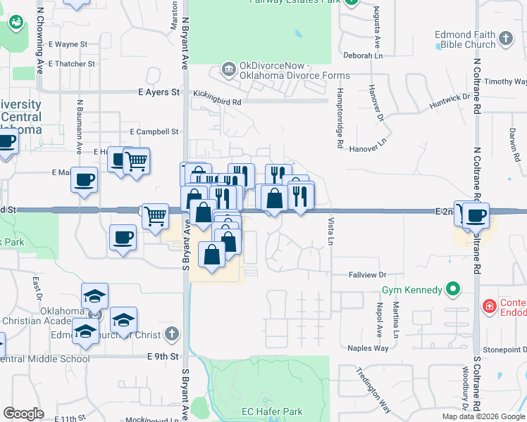 map of restaurants, bars, coffee shops, grocery stores, and more near 1912 East 2nd Street in Edmond