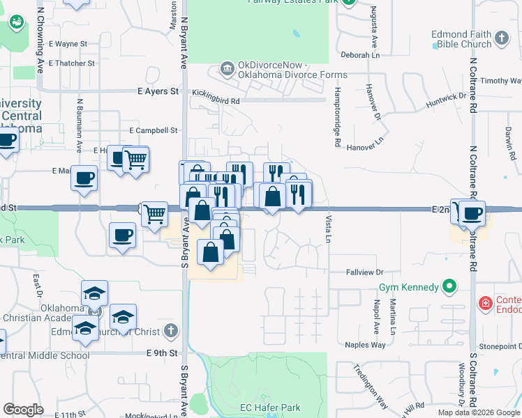 map of restaurants, bars, coffee shops, grocery stores, and more near 1912 East 2nd Street in Edmond