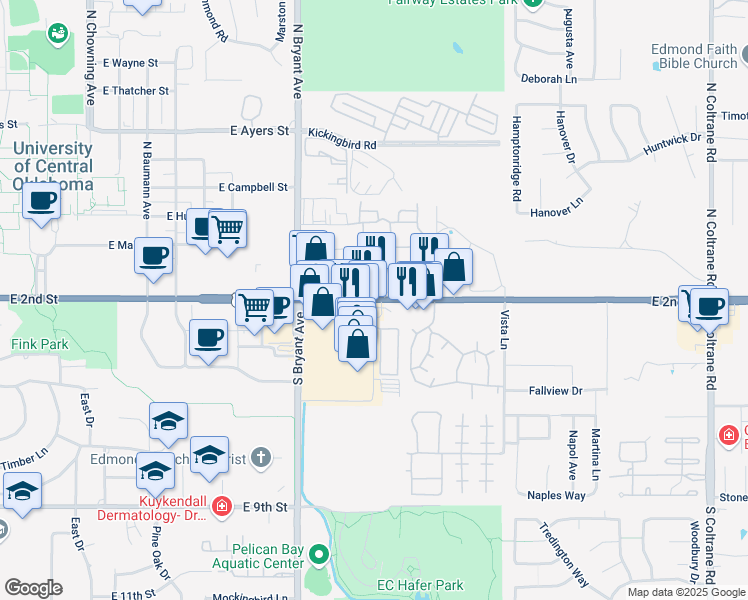 map of restaurants, bars, coffee shops, grocery stores, and more near 1800 East 2nd Street in Edmond