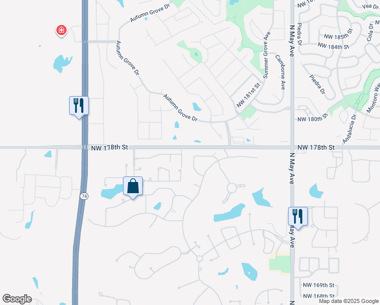 map of restaurants, bars, coffee shops, grocery stores, and more near 3233 Northwest 177th Street in Edmond