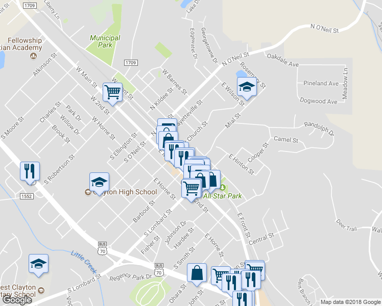 map of restaurants, bars, coffee shops, grocery stores, and more near 216 East Front Street in Clayton