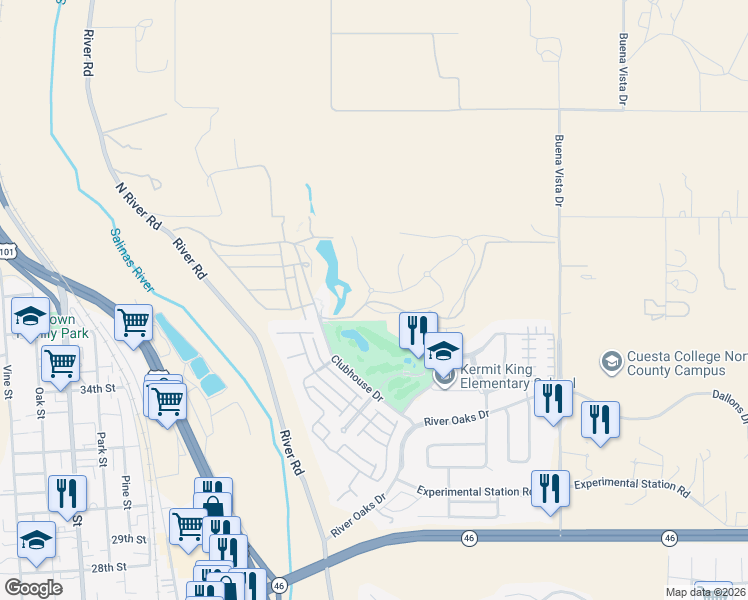 map of restaurants, bars, coffee shops, grocery stores, and more near 701 Manor Lane in Paso Robles