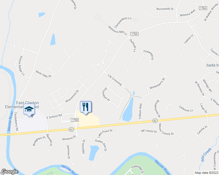 map of restaurants, bars, coffee shops, grocery stores, and more near 101 Mayflower Way in Clayton