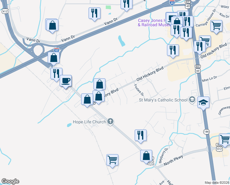 map of restaurants, bars, coffee shops, grocery stores, and more near 961 Old Hickory Boulevard in Jackson