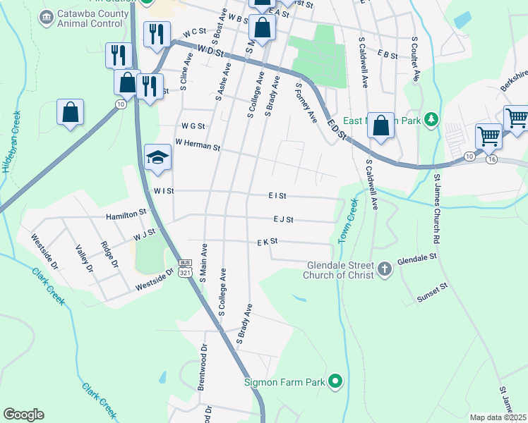 map of restaurants, bars, coffee shops, grocery stores, and more near 212 East J Street in Newton