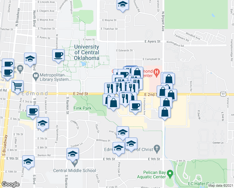 map of restaurants, bars, coffee shops, grocery stores, and more near 1001 Edmond Rd in Edmond