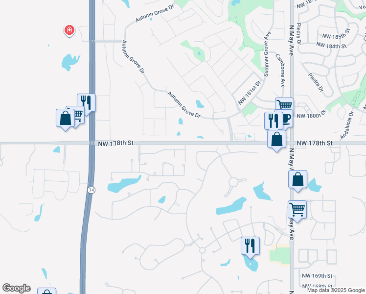 map of restaurants, bars, coffee shops, grocery stores, and more near 3233 Northwest 177th Street in Edmond