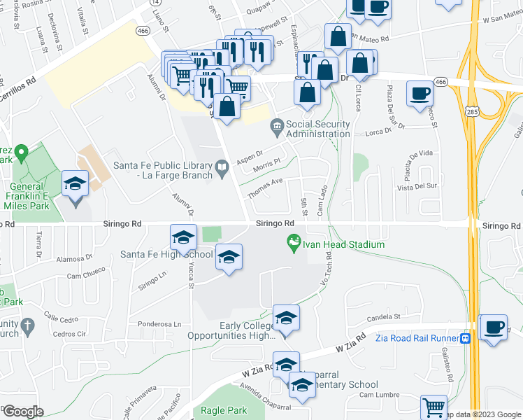 map of restaurants, bars, coffee shops, grocery stores, and more near 2085 Plaza Thomas in Santa Fe