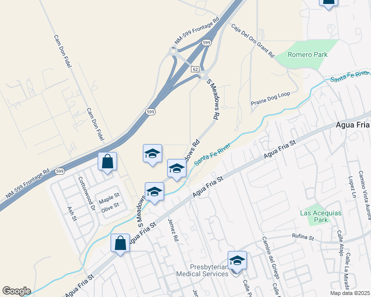 map of restaurants, bars, coffee shops, grocery stores, and more near 2800 South Meadows Road in Santa Fe