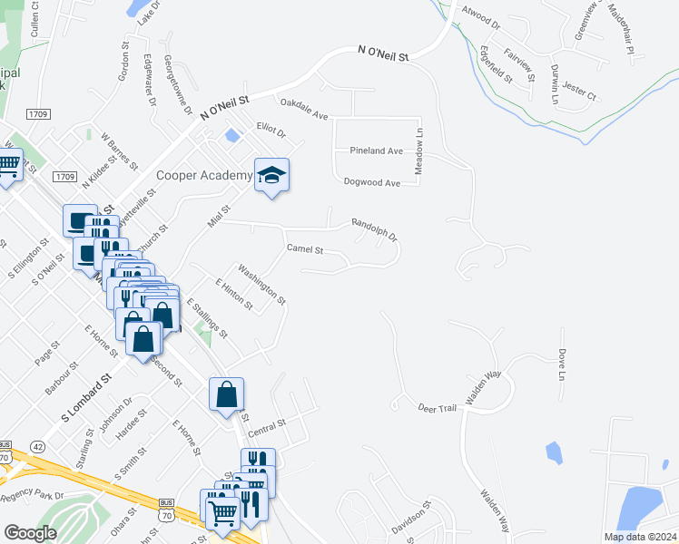 map of restaurants, bars, coffee shops, grocery stores, and more near 575 Randolph Drive in Clayton