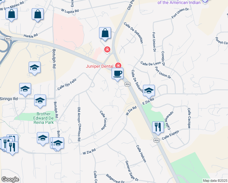 map of restaurants, bars, coffee shops, grocery stores, and more near 125 Chamiso Lane in Santa Fe