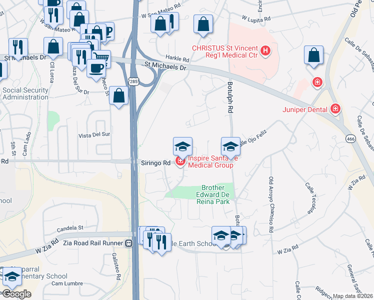 map of restaurants, bars, coffee shops, grocery stores, and more near 2156 Ridgeview Circle in Santa Fe