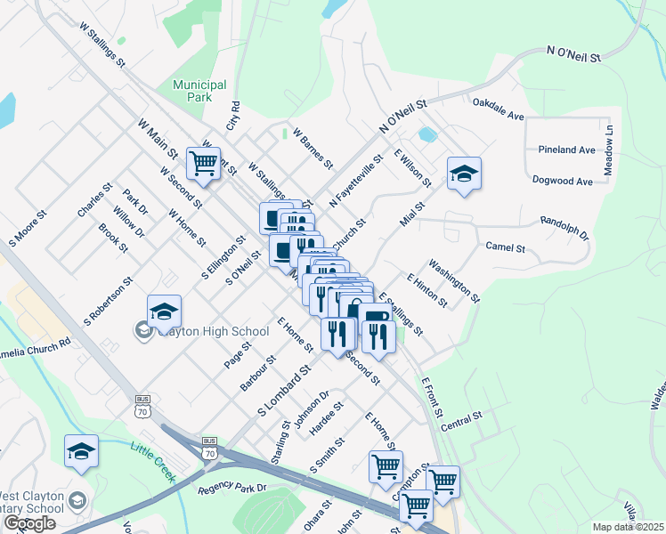 map of restaurants, bars, coffee shops, grocery stores, and more near 216 East Front Street in Clayton