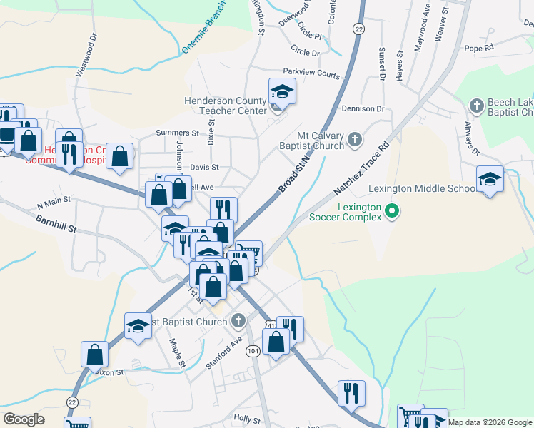 map of restaurants, bars, coffee shops, grocery stores, and more near 131 Broad Street North in Lexington