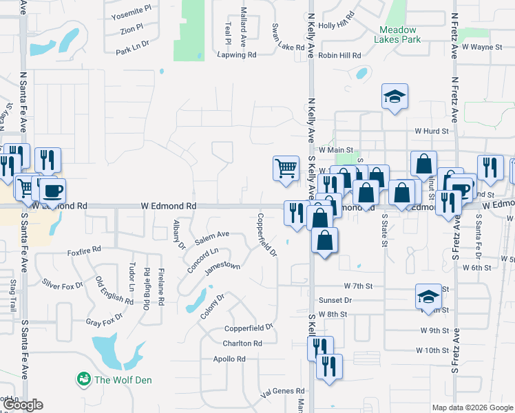 map of restaurants, bars, coffee shops, grocery stores, and more near 1207 West Edmond Road in Edmond