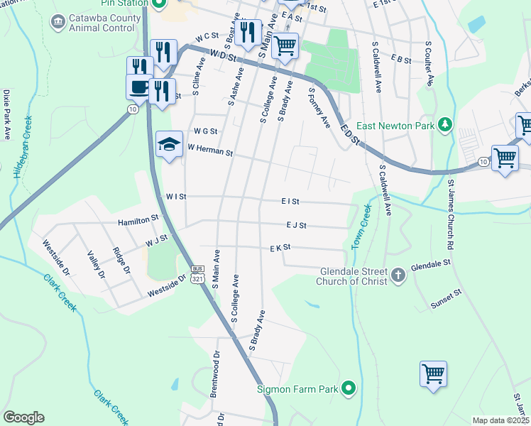 map of restaurants, bars, coffee shops, grocery stores, and more near 815 South Brady Avenue in Newton