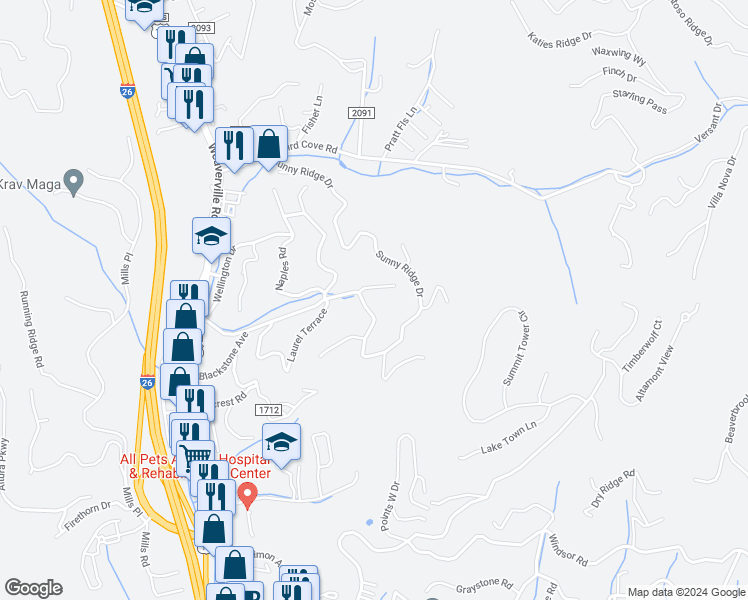 map of restaurants, bars, coffee shops, grocery stores, and more near 601 Hidden Springs Drive in Asheville